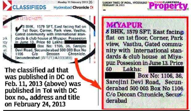 The classified ad that was published in DC on Feb. 11, 2013 (above) was published in ToI with DC box no., address and title on February 24, 2013 The classified ad that was published in DC on Feb. 11, 2013 (above) was published in ToI with DC box no., address and title on February 24, 2013